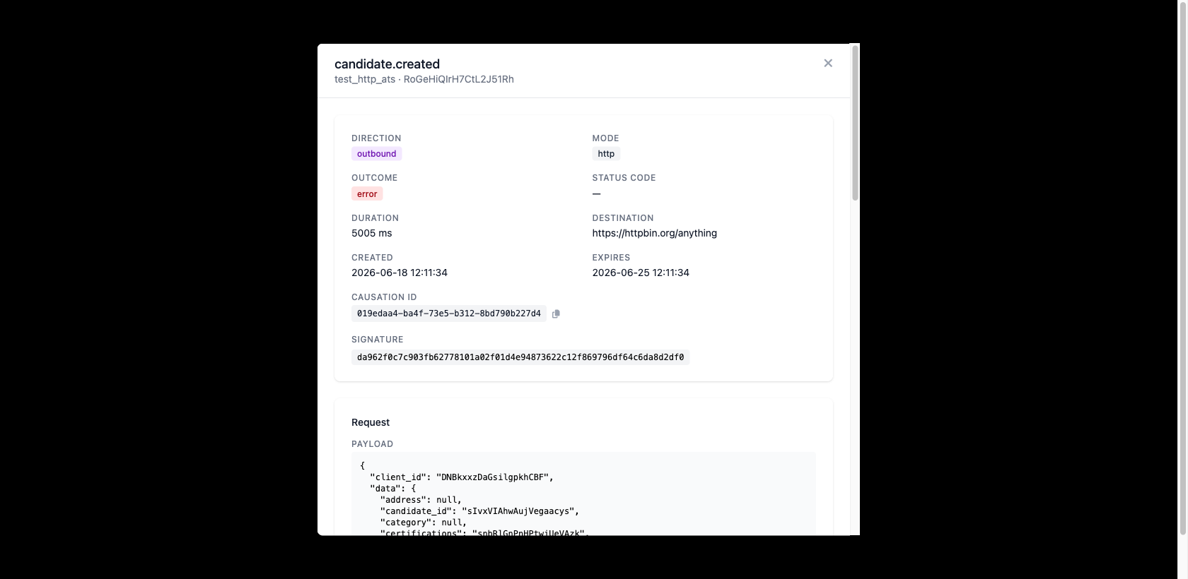 Delivery record detail dialog showing direction, mode, outcome, status code, duration, destination, created and expiry timestamps, the correlation id, the HMAC signature, and the captured request payload