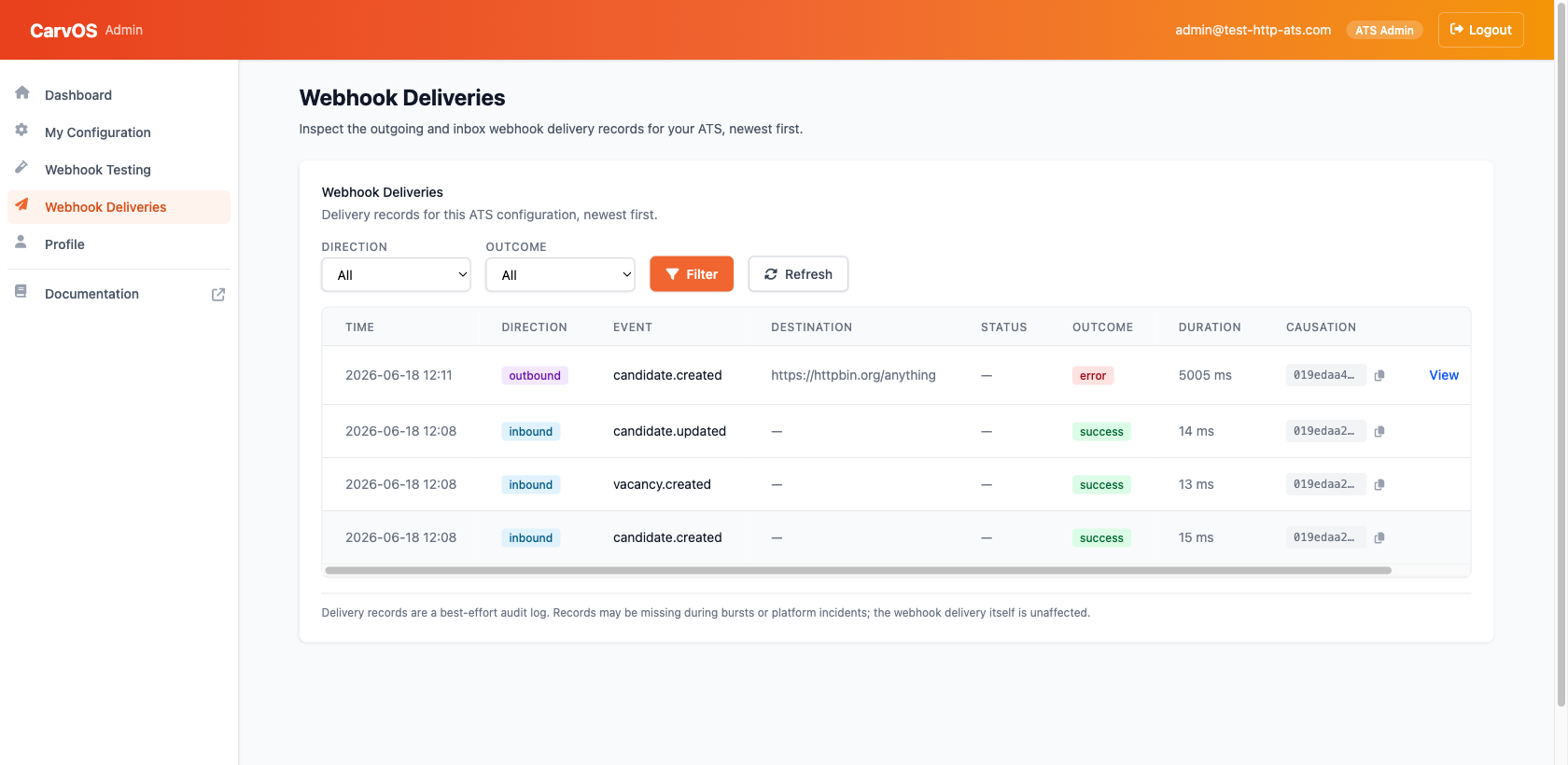 Webhook Deliveries page in the self-service portal: a left sidebar with Webhook Deliveries selected, Direction and Outcome filters with a Refresh button, and a table of delivery records showing direction, event, destination, outcome, duration, and causation
