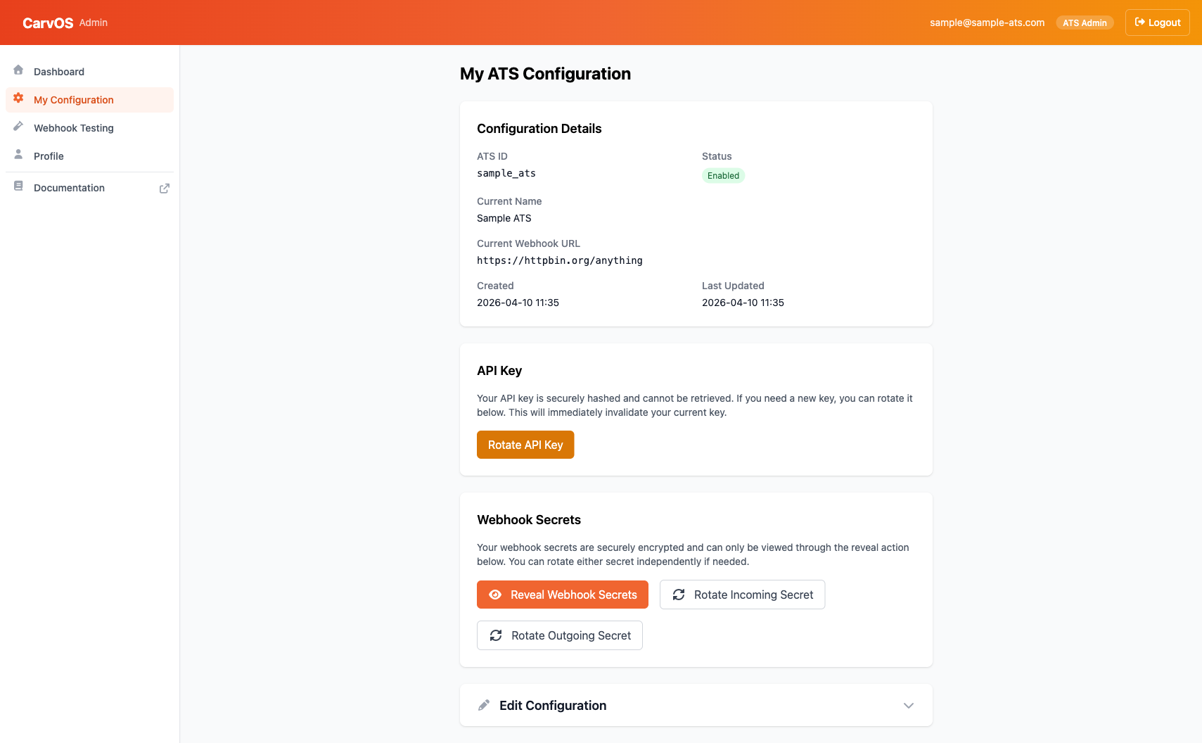 My Configuration page showing ATS details, API key section, and webhook secrets