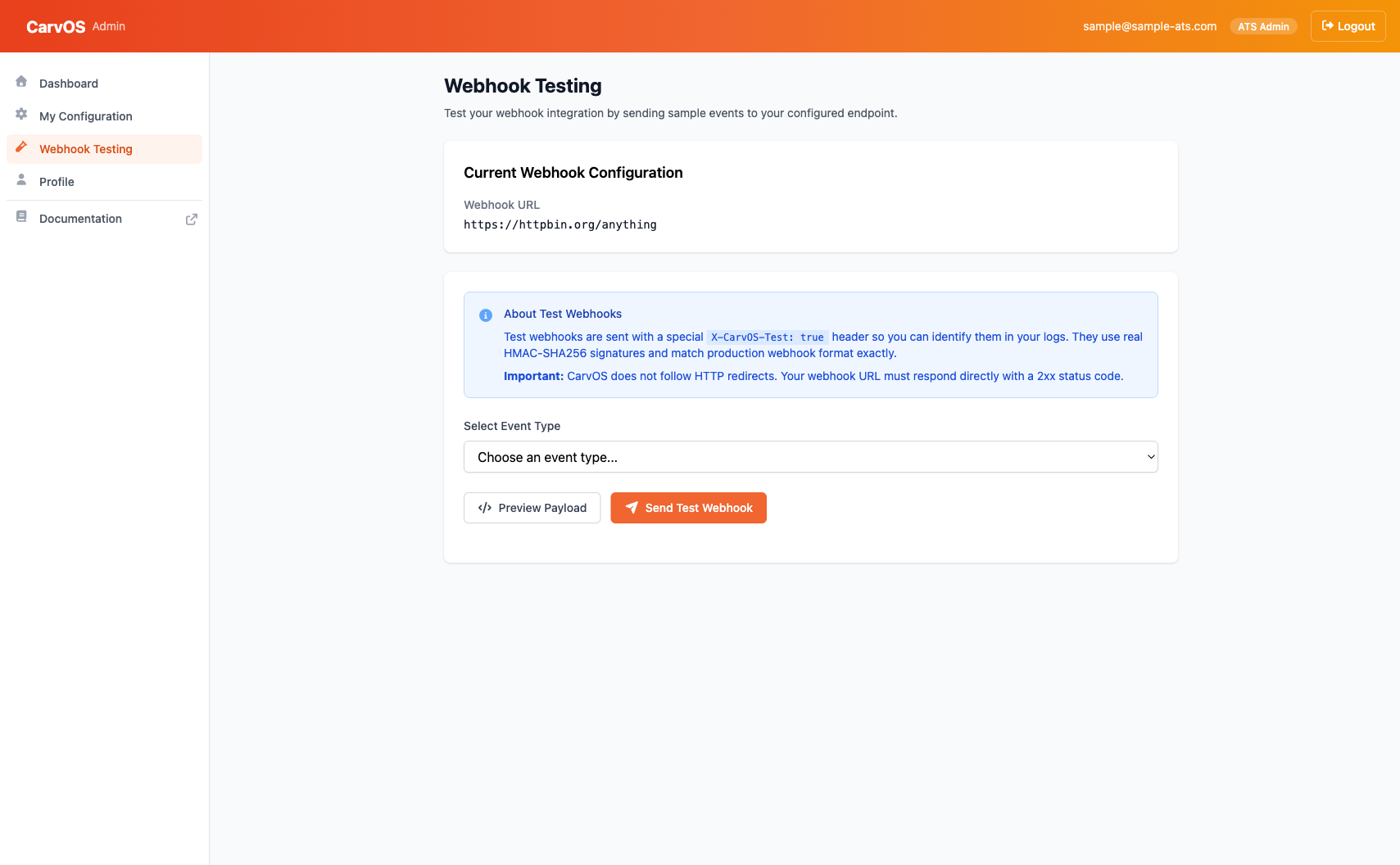 Webhook Testing page with event type selector and send button