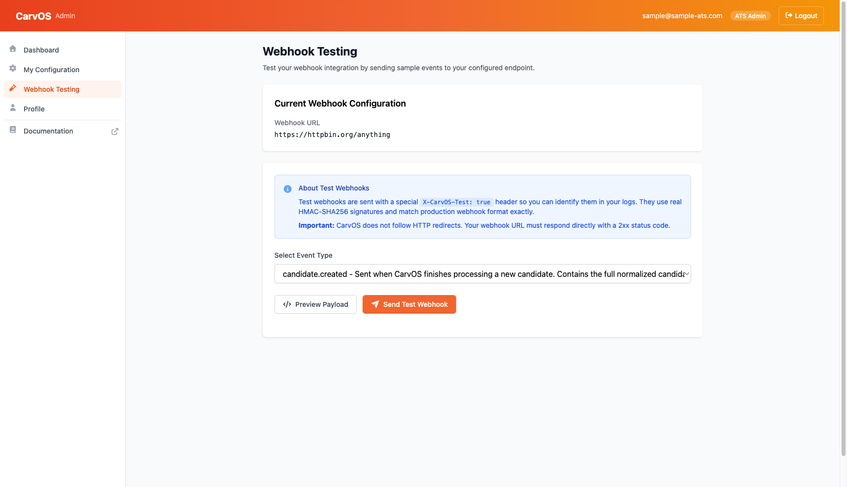 Webhook Testing page showing the event type dropdown with candidate.created selected