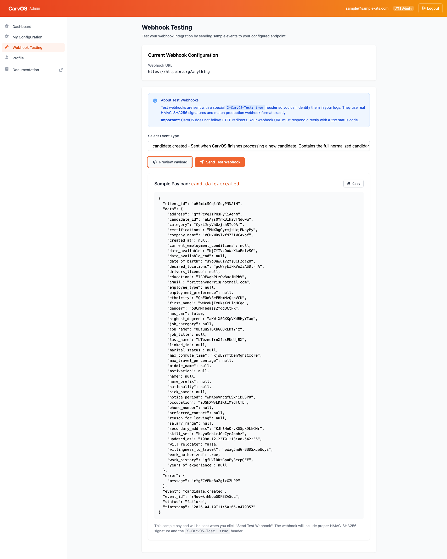 Sample payload preview showing JSON structure for candidate.created event