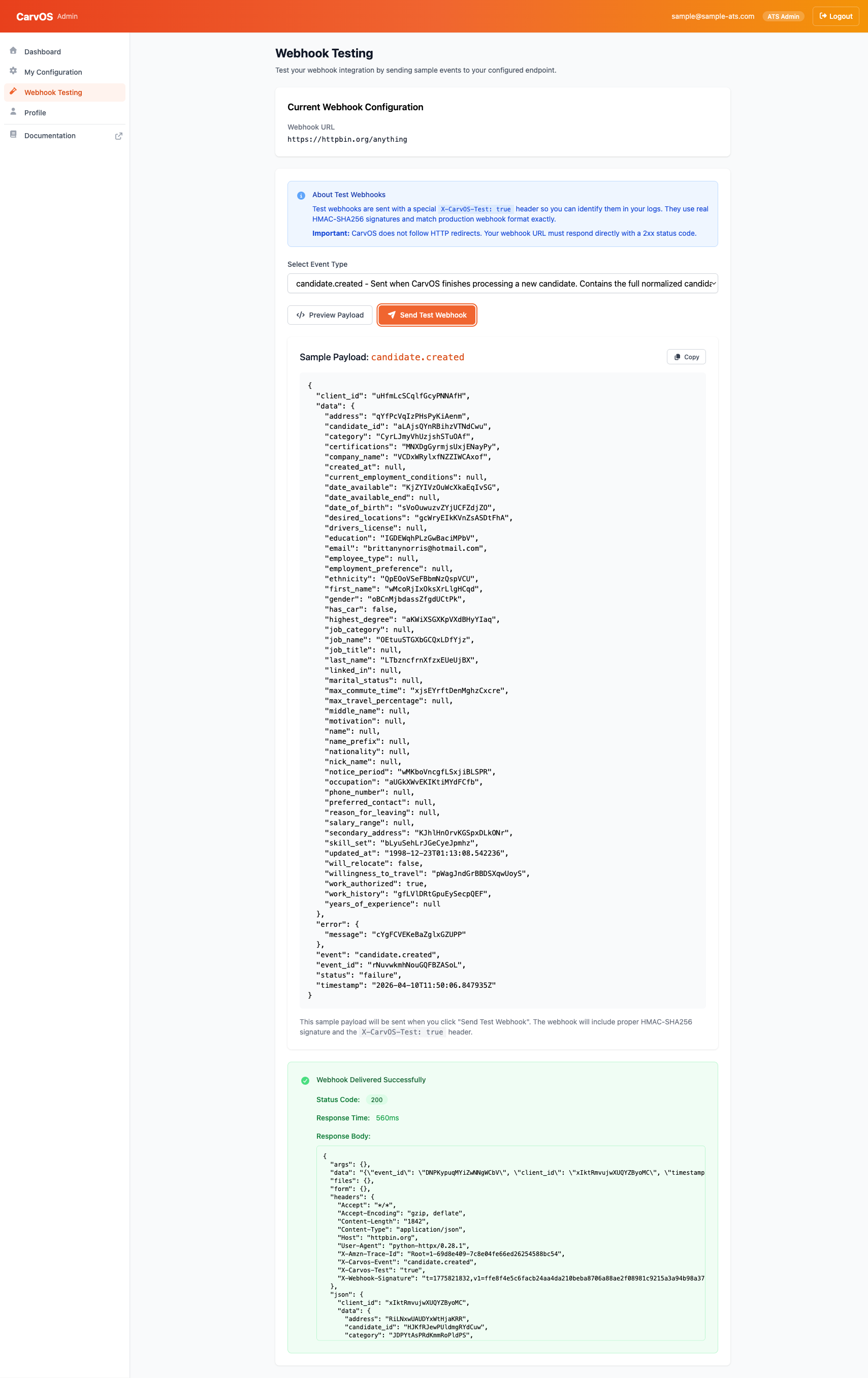 Test result panel showing 200 status code, response time, and response body from the endpoint